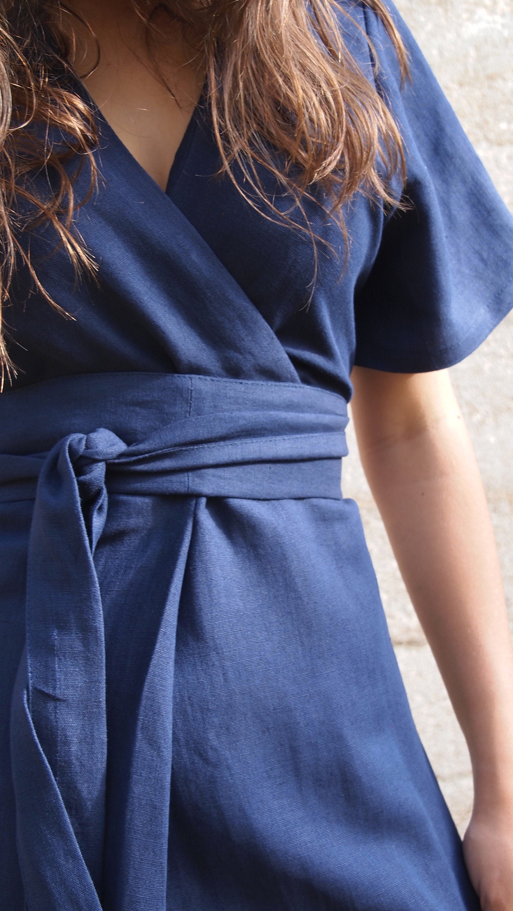 Navy Blue 100% Linen Wrap Dress With ...