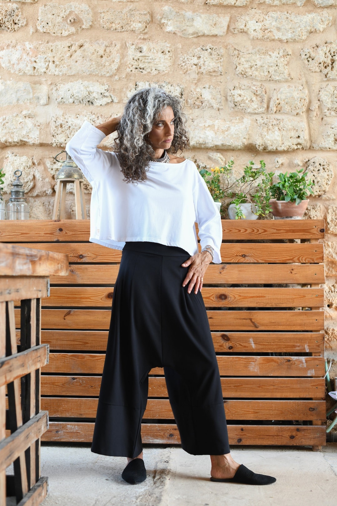 パンツ th Sarrouel Tailored Pants / black 46 Women's Wide-Leg Stretch Cotton Trousers | Ofelya Boutique