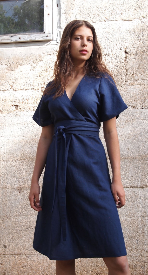 Navy Blue 100% Linen Wrap Dress With Obi Belt, Summer Kimono Style