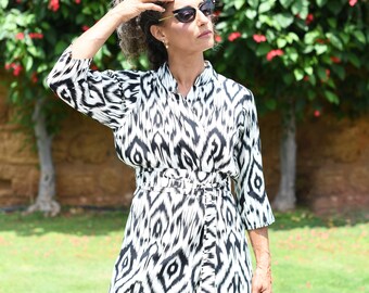 Black and White Kimono Wrap Dress with Matching Belt, Women Maxi Dress, Everyday Spring Bohemian Robe