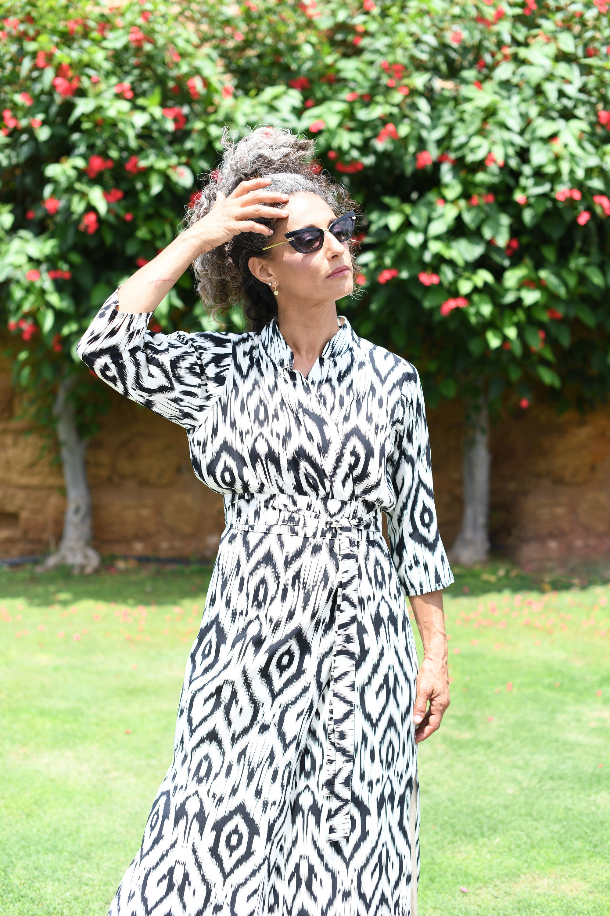 Black and White Kimono Wrap Dress With Matching Belt, Women