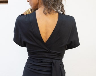 Women Black Maxi Snug Tunic Dress, Multi Way Wrap Tunic Top, Tie-Around Dress, Bohemian Evening Open Back Black Dress