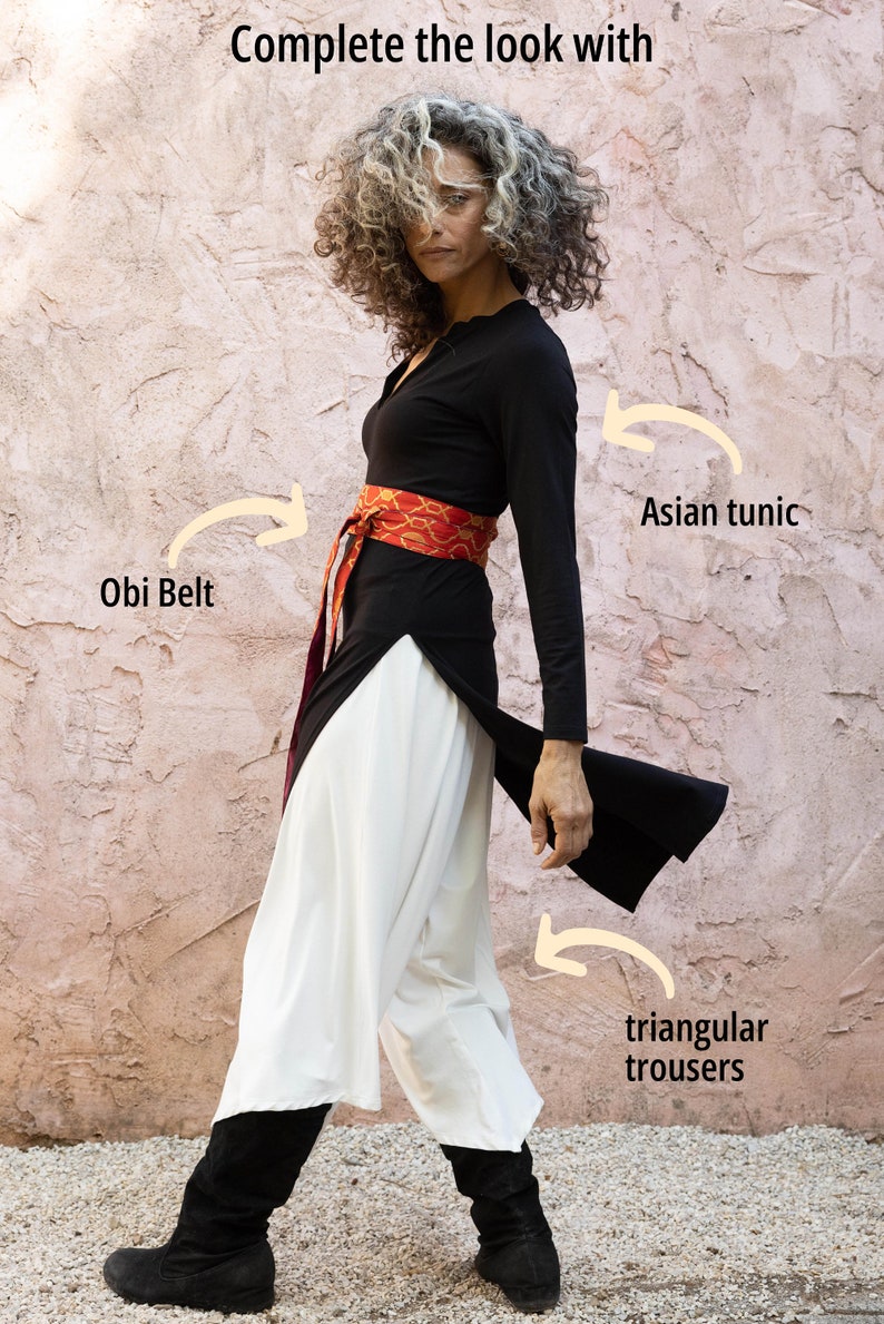 Asian Knee Length Black Tunic Dress, Winter Tunic Top with Side Slits, Women Long Sleeves Casual Dress, Split Collar Bohemian Tunic Top image 4