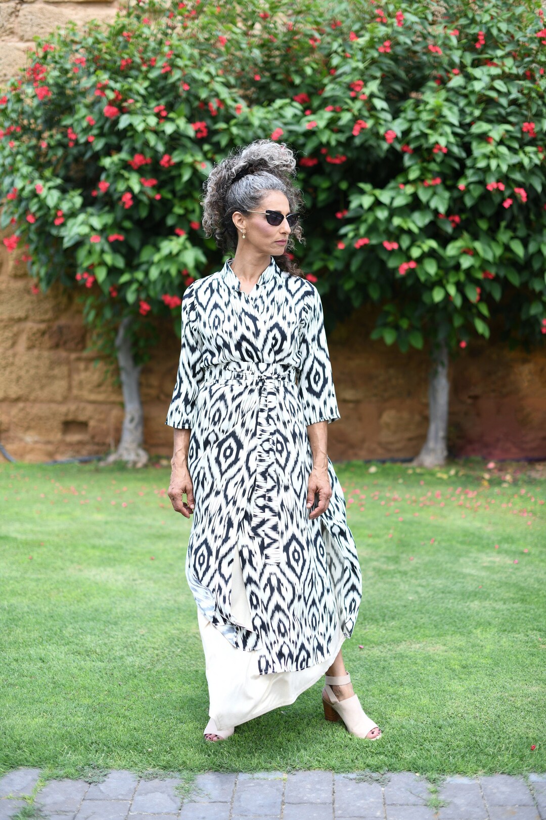 Black and White Geometric Kimono Wrap Dress With Matching Obi Belt ...