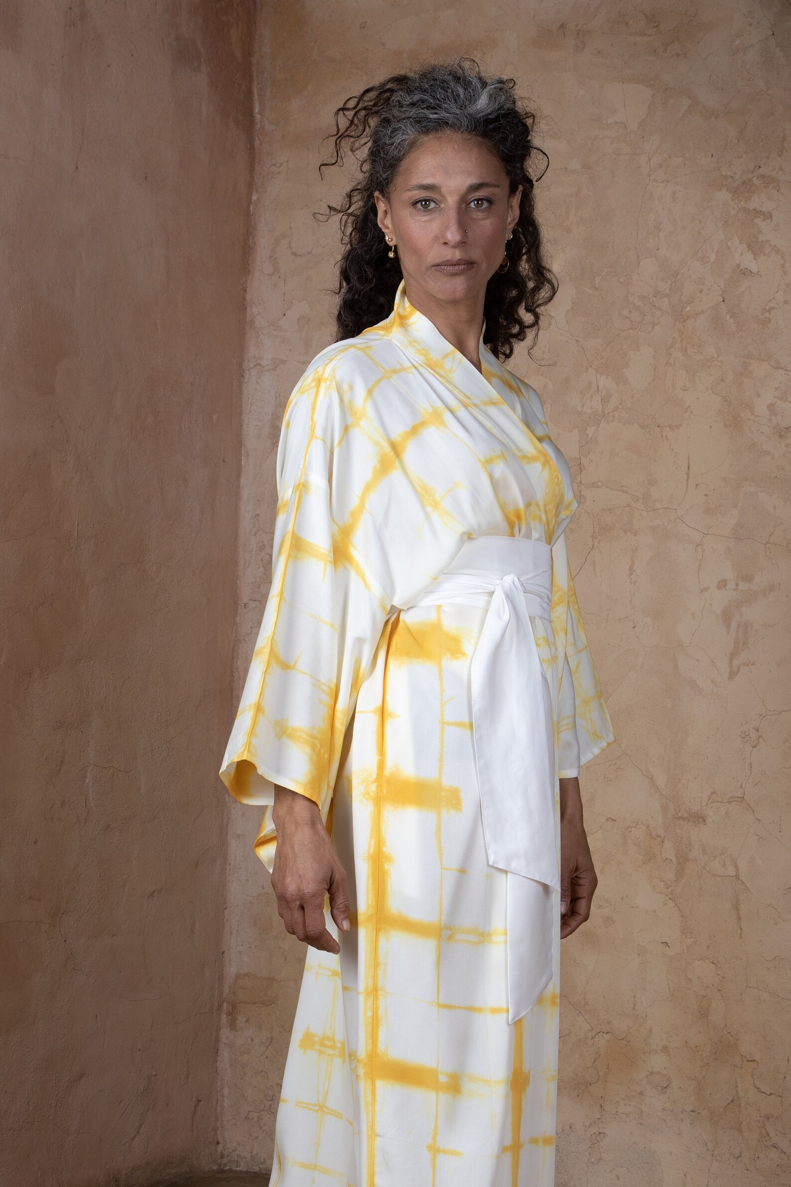 Shibori Hand Dyed Women Stayhome Ochre Kimono Robe With Wide Etsy