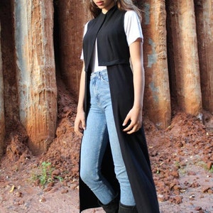 Black Maxi Long Vest, Women Long Sleeveless Cardigan, Unique Casual Black Vest image 3