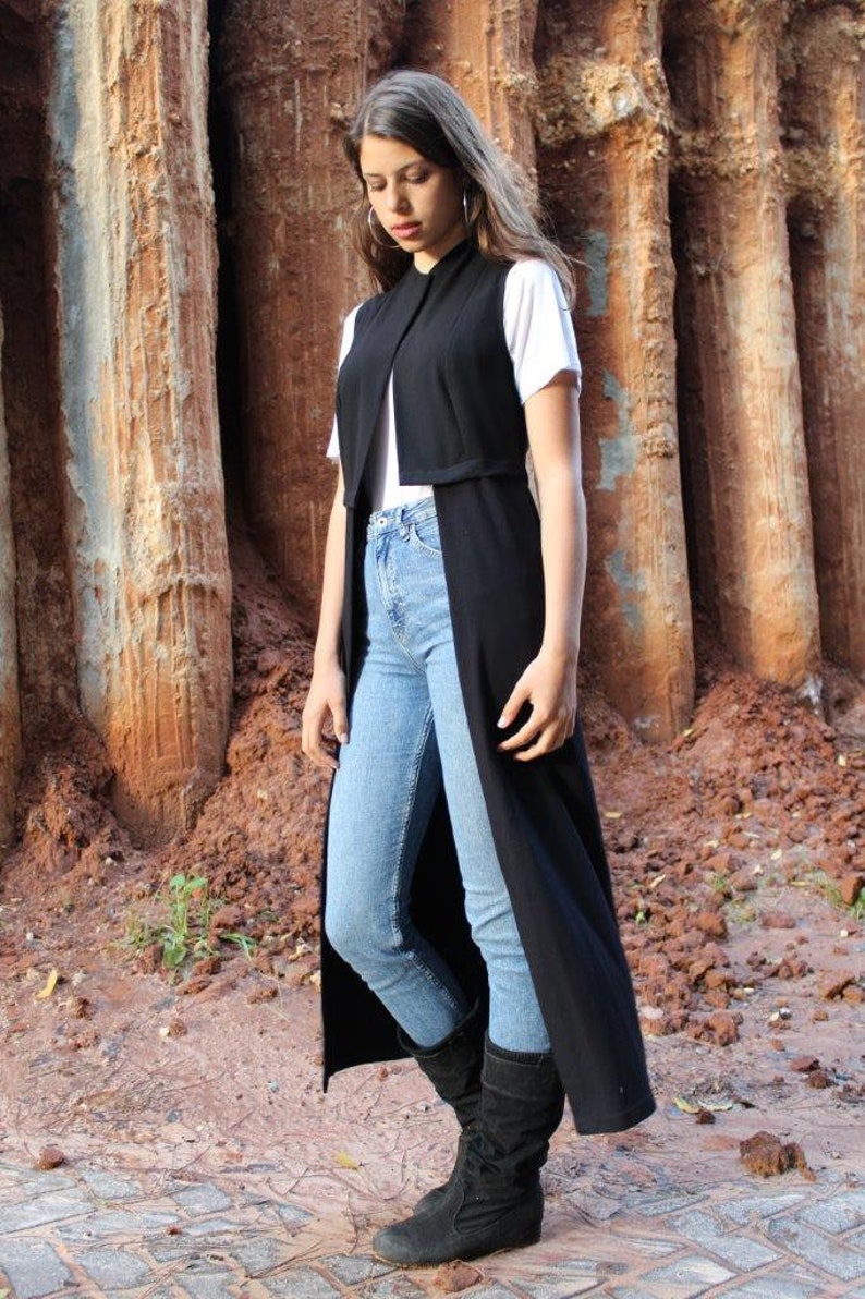 Black Maxi Long Vest, Women Long Sleeveless Cardigan, Unique Casual Black Vest image 3