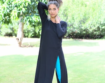 Black Loose Maxi Length Women Winter Tunic, Side Slit Maxi Dress, Long Dolman Sleeve Every Day Black Dress, Hippie Winter Dresses