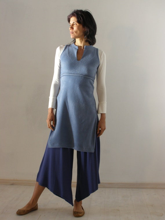 Light Blue Fleece Tunic, Winter Women Tunic Top, Chinese Collar Top,  Sleeveless Tunic Tops, Side Slit Warm Tunic, Women Spring Tunic Top 