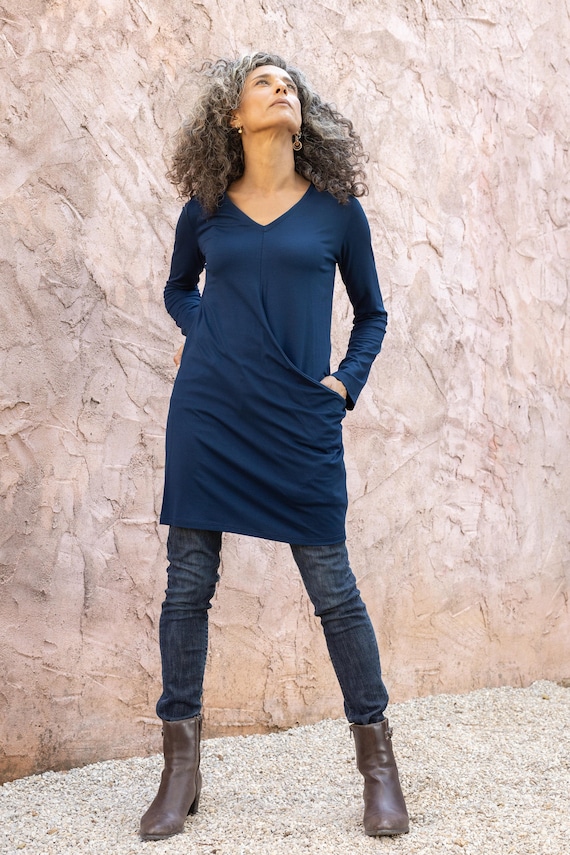 Dark Blue Loose A line Pullover Tunic Top Long Sleeves Draped Tunic for Women Bohemian Hippie Winter Solid Color Tunic Dress With Pocket Etsy UK