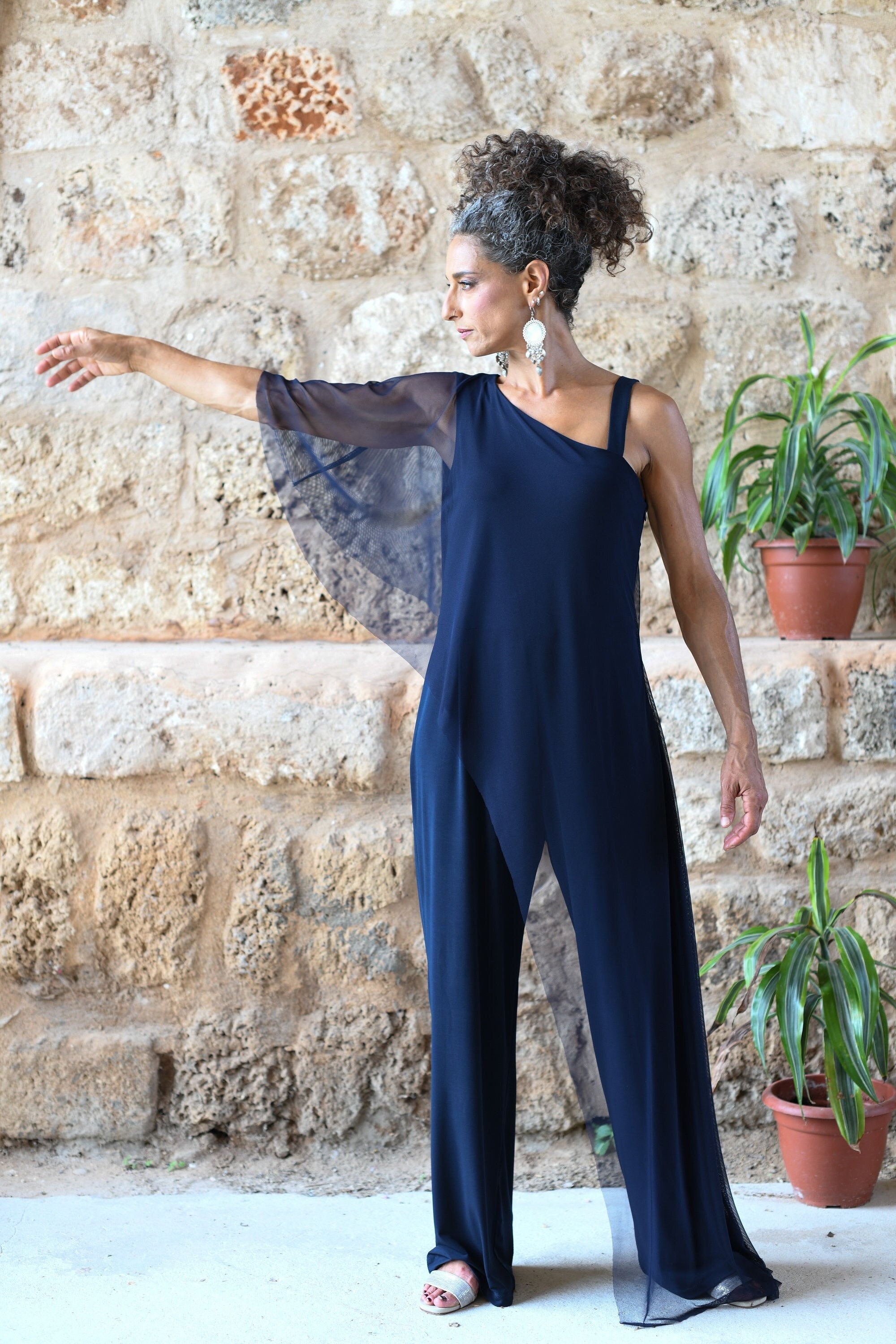 WRINKLED EFFECT ASYMMETRICAL JUMPSUIT - Navy blue