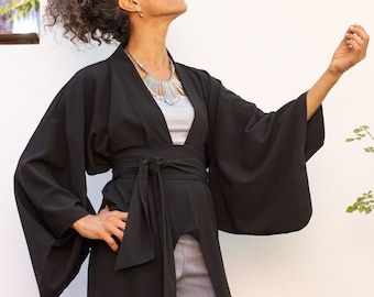 Women Evening Black Kimono Cardigan, Kimono Robe with Wide Obi Belt, Trendy Tailored Japanese Oversize Kimono Robe, Long Black Jacket