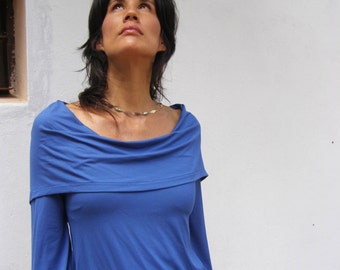 Blue Long Sleeve Top, Cowl Neck Top, Convertible Fitted Shirt, Lycra Loose Blouse, Women's Casual Top, Elegant Office Wear, Spring Clothing