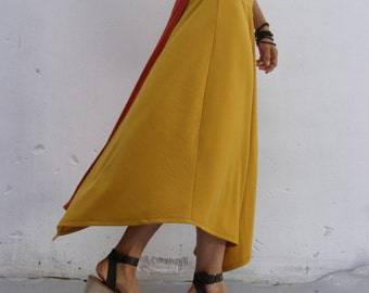 Mustard High Waisted Maxi Skirt, Asymmetrical Triangle Skirt, Casual Wear For Women