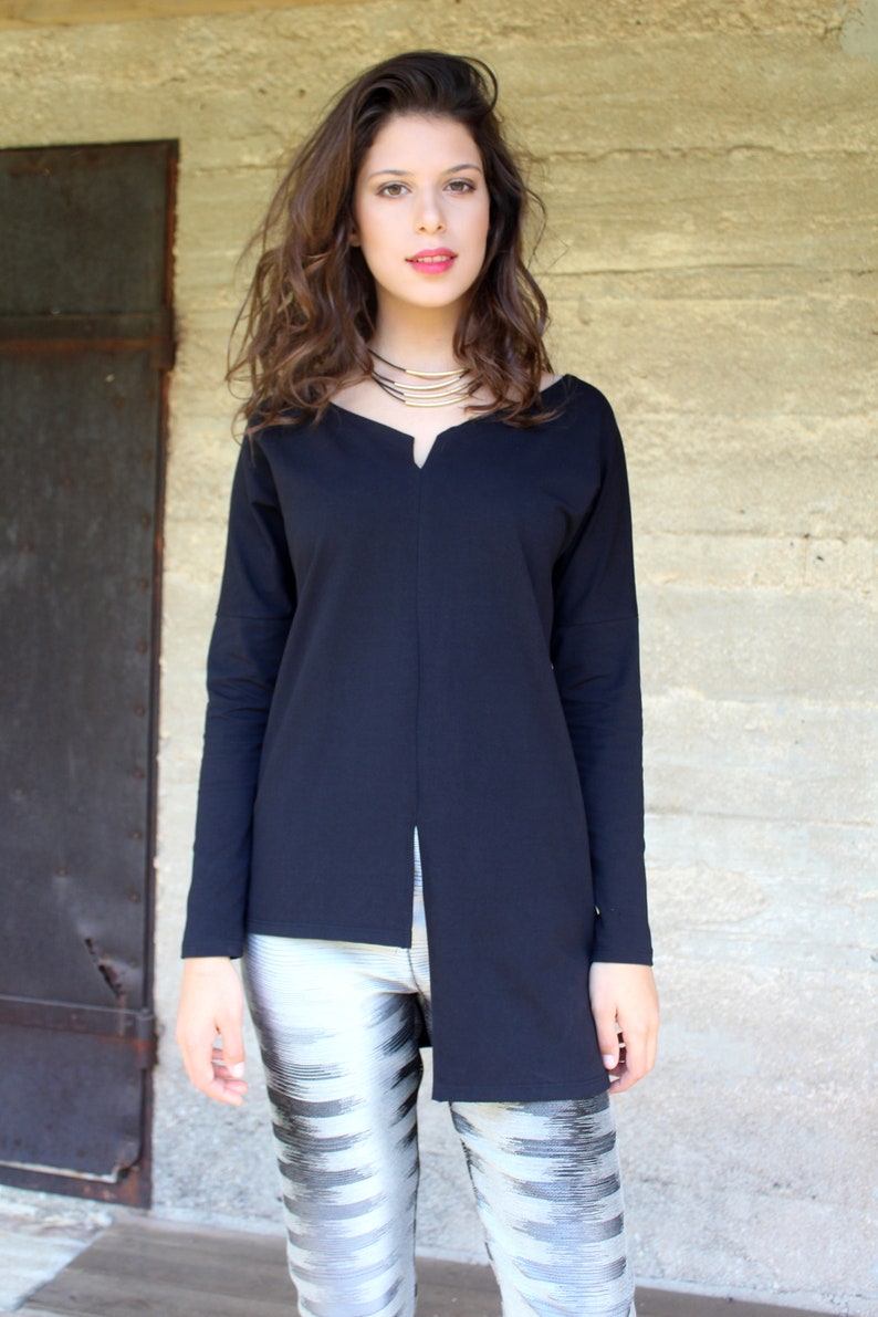 Black Asymmetric Women Loose Winter Top Flattering Urban Hippie Chic Blouse Everyday Long Sleeves Tunic Top