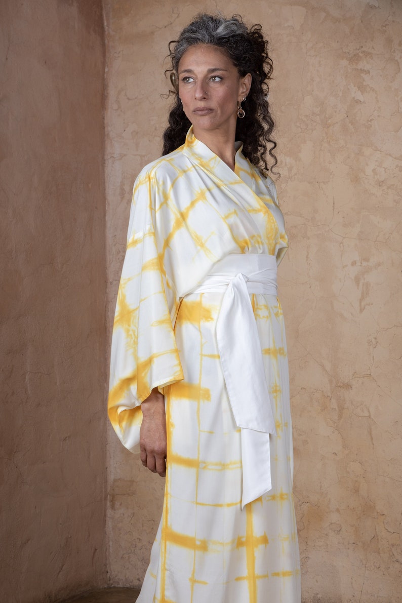 Shibori Hand Dyed Women StayHome Ochre Kimono Robe with Wide Etsy