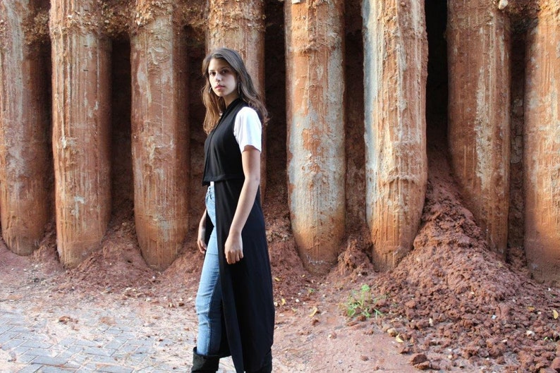 Black Maxi Long Vest, Women Long Sleeveless Cardigan, Unique Casual Black Vest image 2