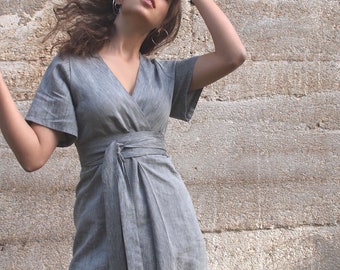 Light Gray Linen Dress with Obi Belt, Japanese Belted Tie Around Dress, Knee Length Women Cotton Loose Formal Dress