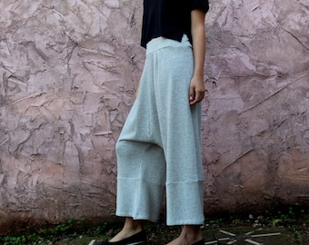 Melange Grey Women Drop Crotch Pants, Unique Designer Harem Pants, Wide Leg Oversize Trousers, Boho Chic Comfy Pants, Elastic Band Pants