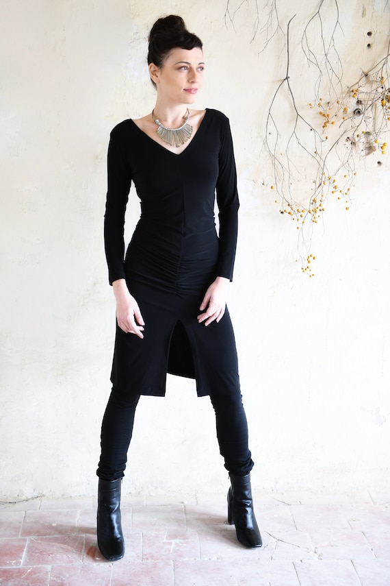 Black Gathered Tunic Dress Slit Evening Tunic Dress V Neckline