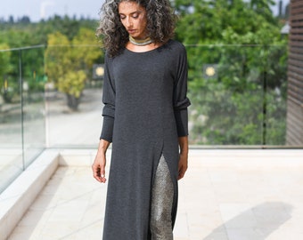 Dark Gray Loose Maxi Length Side Slit Tunic Dress, Cotton Long Sleeve Casual Maxi Dress, Women Everyday Bohemian Urban Winter Dresses