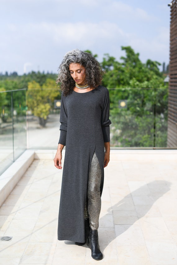 Dark Gray Loose Maxi Length Side Slit Tunic Dress, Cotton Long Sleeve  Casual Maxi Dress, Women Everyday Bohemian Urban Winter Dresses 