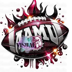 May include: A red, white, and black football with the word "TAMU" in white letters and a bulldog mascot. The football is surrounded by a red and black flame design.