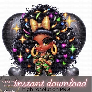 Camo Cutie Glitter Doll PNG: Afrocentric Fashion Clipart (Digital Download