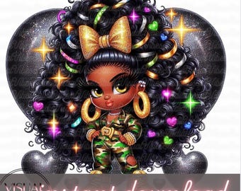Camo Cutie Glitter Doll PNG: Afrocentric Fashion Clipart (Digital Download