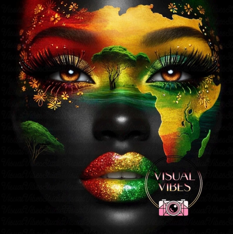 May include: A digital art portrait of a person with dark skin, featuring a vibrant design. The face is adorned with a map of Africa and colorful accents in red, yellow, and green. The lips are glittery, and the eyes are a warm brown. The image includes the text "VISUAL VIBES".