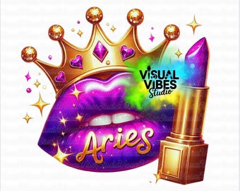 Aries Zodiac PNG: Crown, Lips, Lipstick (Digital Download)