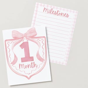 Cartes d'étapes pour bébés roses aquarelles avec noeud et vichy - événements marquants du mois à imprimer pour bébé fille - cadeau de baby shower - souvenir