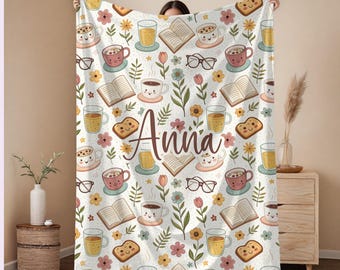 Personalized Book Lover Blanket, Custom Name Blanket, Cozy Fleece Blanket For Women, Gift For Bookworm, Book Club Reading Blanket