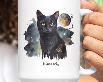 Black Cat Personalized Coffee Cup, Pet lover Gift Idea, Cat Lover Tea Mug, Custom Cat Owner Gift, Unique Cat Mug, Gift for Cat lover