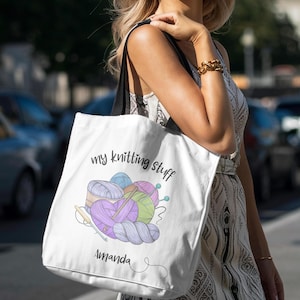 Knitting Tote Bag Gift, Personalized Knitting Stuff Bag, Yarn Storage Bag, Knitting Project Bag, Gift for knitter, Knitting Organizer Gift