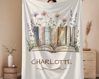 Personalized Books and Watercolor Flowers Blanket Custom Book Lover Gift Cozy Couch Throw Reader Blanket for Bookworm Gift for Teacher