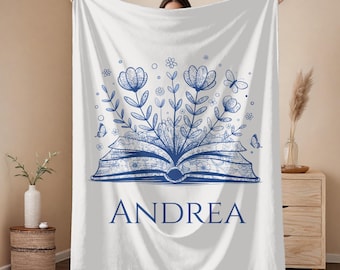 Personalized Books and Watercolor Flowers Blanket Custom Book Lover Gift Cozy Couch Throw Reader Blanket for Bookworm Gift for Teacher