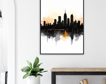 Minimalist City Skyline Silhouette Poster - Modern Wall Art with Wooden Frame