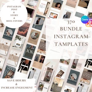 Pode incluir: Uma colagem de 370 modelos de Instagram em um pacote. Os modelos apresentam uma variedade de designs com cores neutras, incluindo bege, marrom e cinza. O texto "370 Bundle Instagram Templates" é exibido em uma fonte grande no centro da imagem. O texto "Save Hours & Increase Engagement" é exibido na parte inferior da imagem.