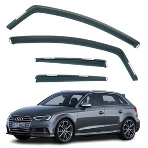 May include: A grey Audi S3 hatchback with dark tinted window visors. The visors are positioned above the windows. The car has black alloy wheels and a number plate. The car is on a white background.