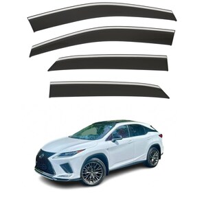 May include: Set of four black window deflectors with a silver trim. The deflectors are designed to fit a car window.