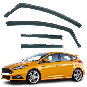 May include: A collection of dark-tinted window deflectors positioned above a vibrant orange Ford Focus hatchback. The deflectors are shaped to fit the car's windows. The car features silver alloy wheels and red brake calipers.