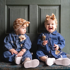 Custom Denim Baby Romper with Bear | Organic Cotton Jumpsuit with Name | Personalized Baby Outfit 0–2T