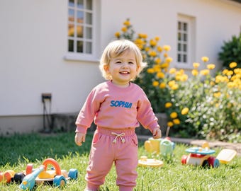 Conjunto de roupa de bebê personalizado em algodão orgânico | Moletom e calça de moletom confortáveis | Roupa com nome personalizado | Presente unissex para chá de bebê (recém-nascido a 4 anos)