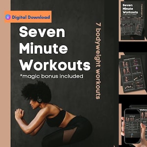 Könnte beinhalten: Ein digitaler Download für sieben Minuten Bodyweight-Workouts. Das Bild zeigt eine Frau, die eine Kniebeuge macht. Der Text auf dem Bild lautet "Seven Minute Workouts *magic bonus included".