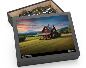 Sunset Over Mountain Farmhouse Puzzle (500-Piece)