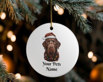 Könnte beinhalten: Ein weißer, runder Weihnachtsschmuck mit einem braunen Labrador Retriever, der einen Weihnachtsmannhut und eine Lichterkette trägt. Der Text "Your Pets Name" ist unter dem Bild des Hundes aufgedruckt. Der Schmuck hängt an einem goldenen Faden.