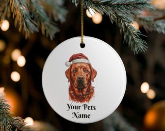 Könnte beinhalten: Runder, weißer Keramik-Weihnachtsschmuck mit einem braunen Hund, der einen Weihnachtsmannhut und eine Lichterkette trägt. Der Text "Your Pets Name" ist darunter gedruckt. Der Schmuck hängt an einem goldenen Faden.