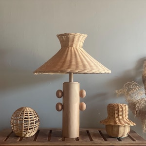 TASCONO Custom Handmade Rattan Table Light | Unique Oak Wood Base | Sustainable Lighting | Elegant Eco-Friendly Home Decor | Wickershade
