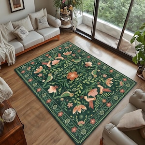 Floral Bird Rug, Boho Chic Nature Rug, Vintage Botanical Rug, Washable Area Rug, Green Cottagecore Living Room Decor, Bordered Oriental Rug